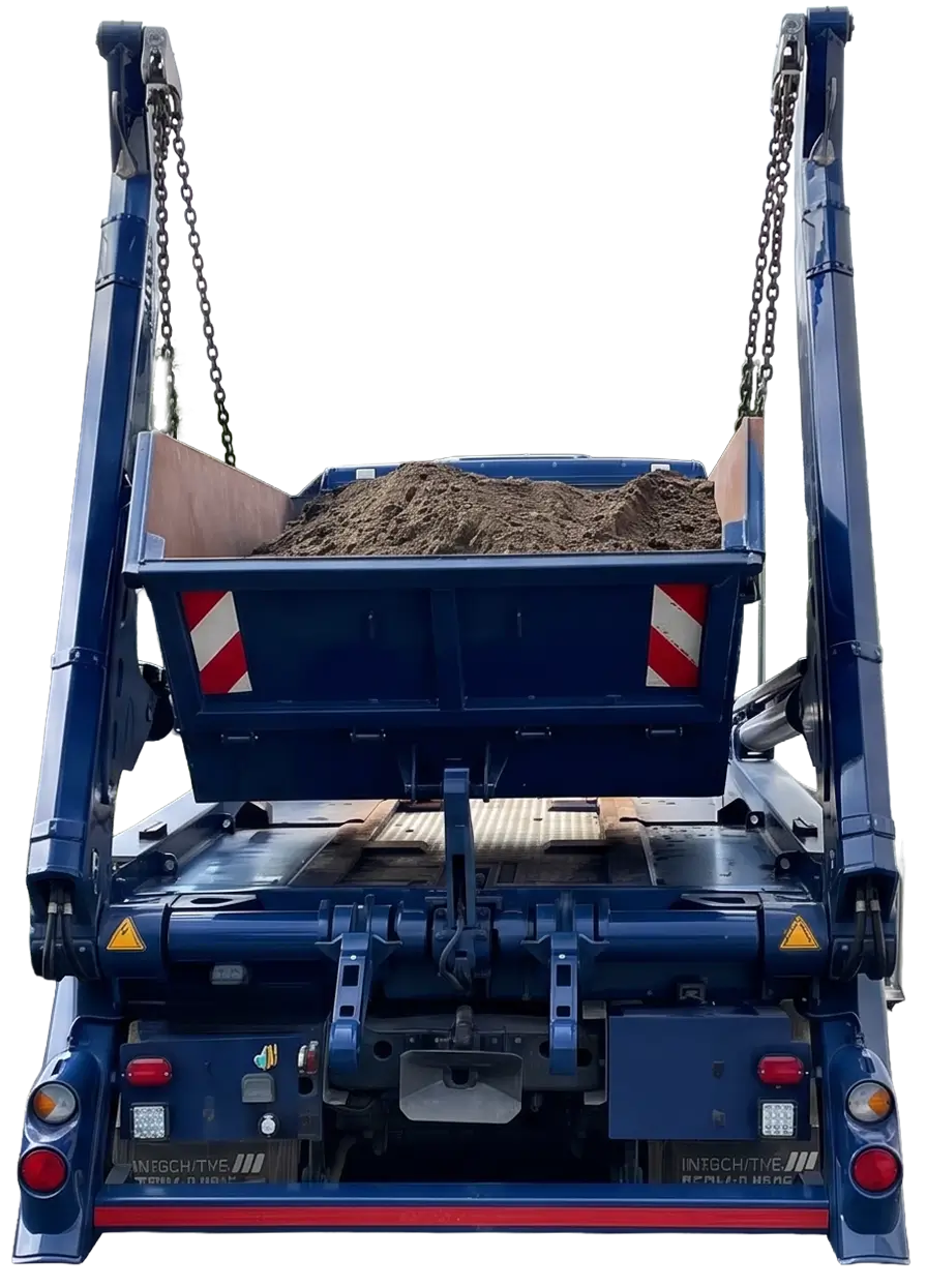 Eine Aufnahme eines LKWs, welcher gerade einen Container ablädt