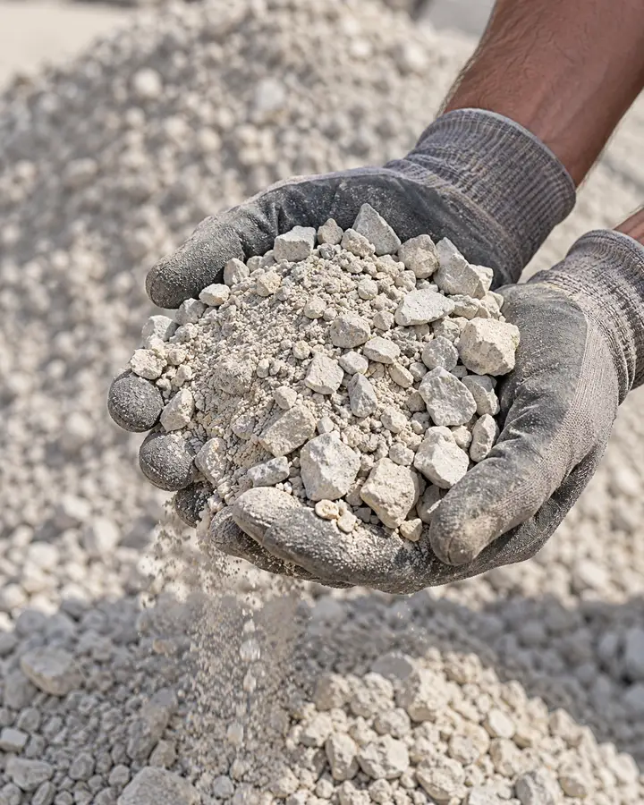 Hand mit Schaufel voll Mineralgemisch