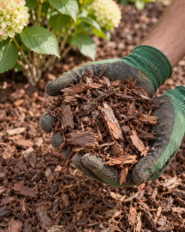 Hände halten frischen Rindenmulch